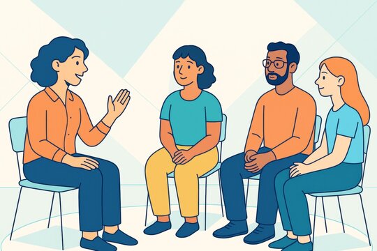 Group therapy session with diverse people sitting in a circle discussing emotional well-being on a light abstract background. Ai generative. Ai generative