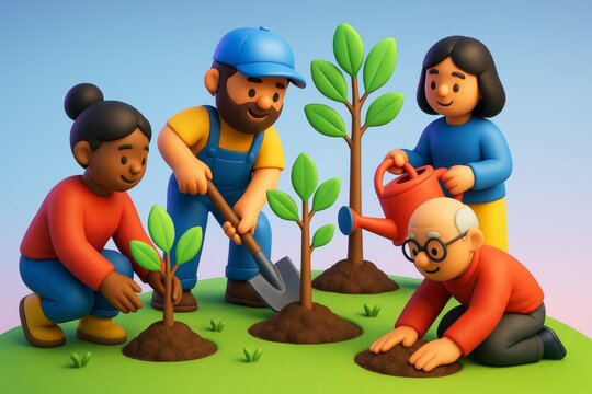 Diverse group of people planting trees together on green hill with blue light background, symbolizing environmental care and social cooperation. Ai generative