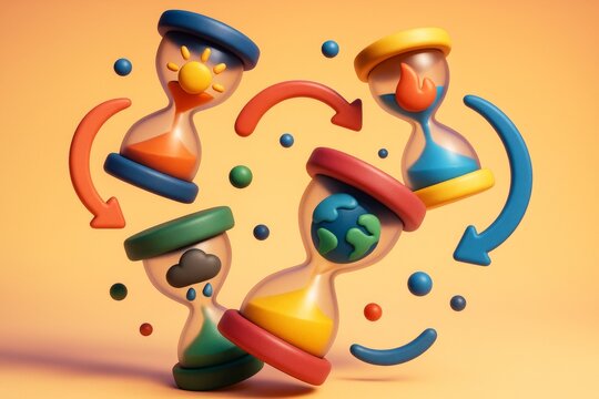 Colorful hourglasses with weather and earth symbols surrounded by arrows and spheres on orange background symbolizing climate cycle concept. Ai generative