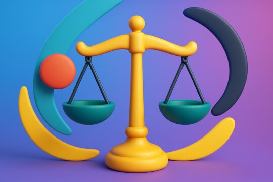 Colorful abstract balance scale with geometric elements on gradient background symbolizing justice and social fairness concept. Ai generative