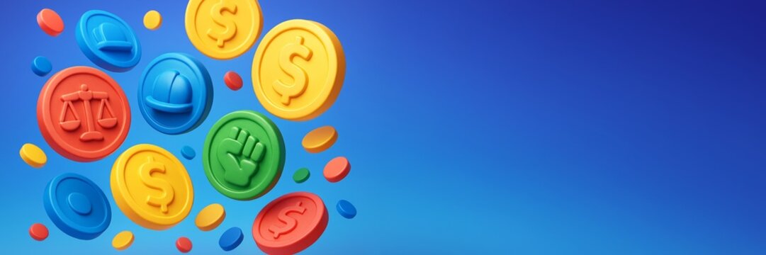 Colorful plastic coins with economic and social icons floating on left side with blue gradient background and empty space on right for design. Ai generative