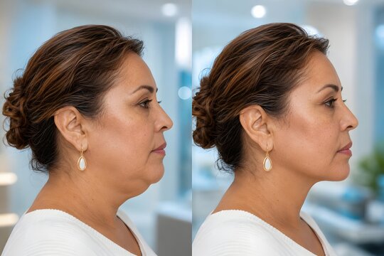 Before and after anti-aging double chin removal on mature woman, non-surgical neck tightening results, submental fat reduction comparison