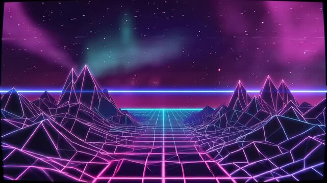 Abstract futuristic geometric landscape with neon lights and cosmic elements in vibrant colors 4k video
