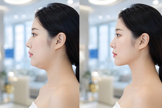 Before and after non-surgical double chin removal on Asian woman face, Kybella injection lipolysis results, jawline V-line contouring comparison