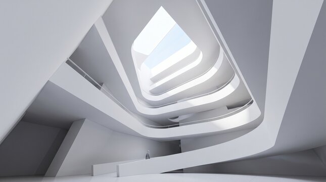 Minimal white abstract architectural interior with layered angular steps and sculptural forms for modern background and wallpaper design.3d render 
