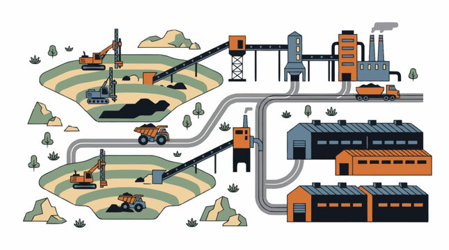 Industrial mining operation with excavators and trucks processing raw materials.