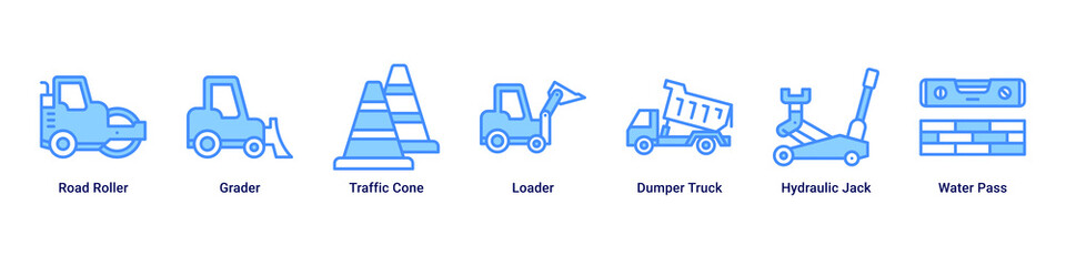 Road Work web banner icon vector illustration with Road Roller, Grader, Traffic Cone, Loader, Dumper Truck, Hydraulic Jack and Water Pass © Arjuna