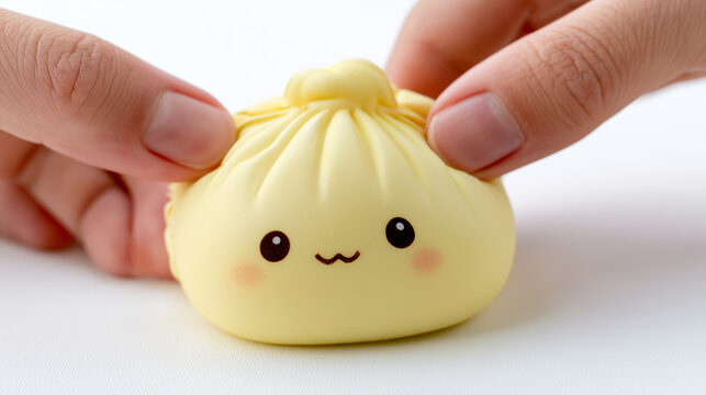 yellow dumpling squishy toy with kawaii face being squeezed by fingers on white background, stress relief toy and sensory fidget concept for relaxation and anxiety relief