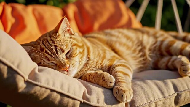 Outdoor cushion ginger cat day image of orange tabby sleeping on beige patio lounge with orange pillows behind, bright garden sunlight, relaxed summer nap feel and soft leafy background setting