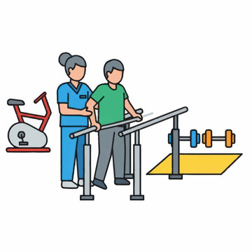 Physical therapist assisting patient with rehabilitation exercises on parallel bars.
