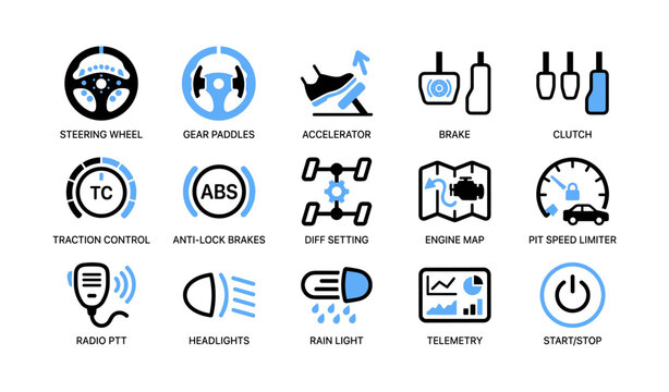 Car control and cockpit icons displayed in grid on white background