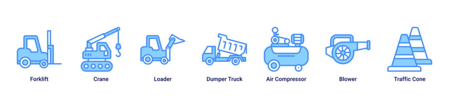 Heavy Lift web banner icon vector illustration with Forklift, Crane, Loader, Dumper Truck, Air Compressor, Blower and Traffic Cone