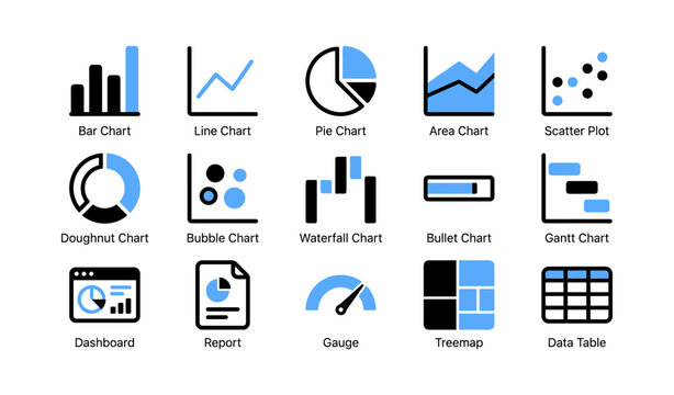 Collection of chart icons illustrating common data visualization types