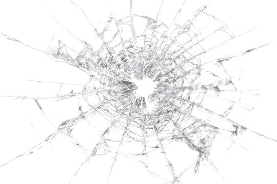 Bullet hole broken glass effect PNG with transparent background, realistic shattered screen crack overlay with radial fractures and impact damage for photo editing, poster design or graphic resource.