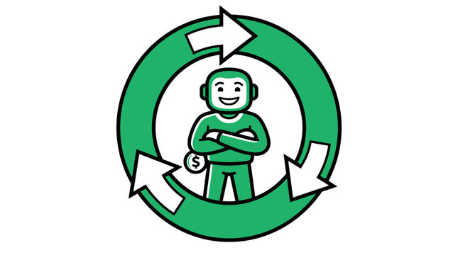 Green worker in circular arrow symbol.