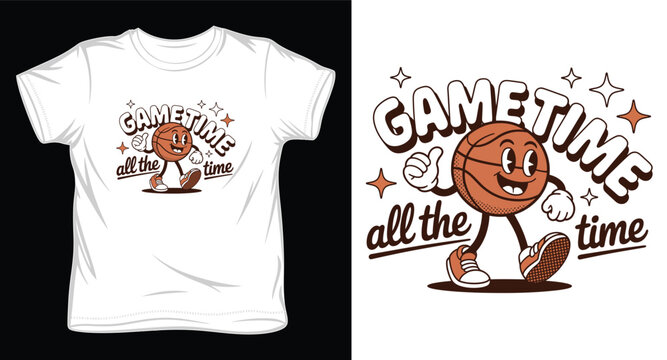 Retro cartoon basketball character walking with gametime slogan vintage rubber hose animation style vector illustration.