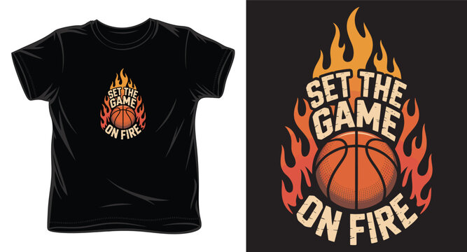 Set the game on fire basketball illustration for tshirt design with vintage flame effect on black background.