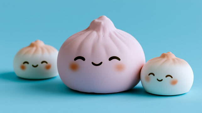 cute kawaii dumpling squishy toy family on blue background, pastel stress relief toys and sensory fidget collection concept for relaxation and fun