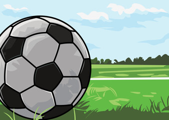 Fototapeta premium Soccer ball on green football field vector illustration with outdoor sports background, game concept and match theme
