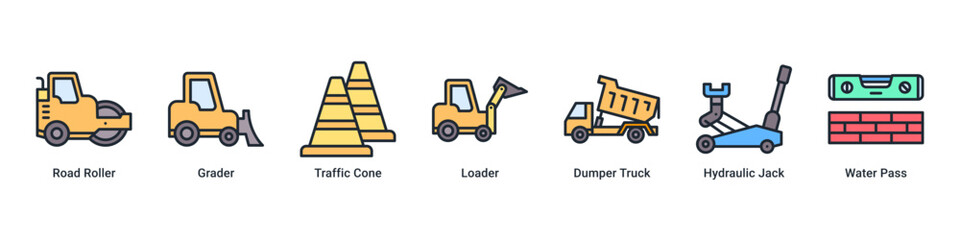 Road Work web banner icon vector illustration with Road Roller, Grader, Traffic Cone, Loader, Dumper Truck, Hydraulic Jack and Water Pass © Arjuna