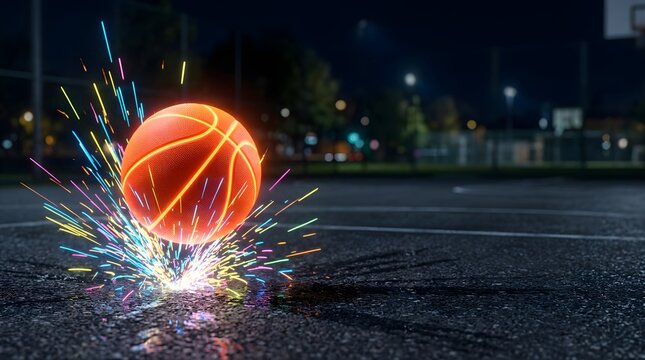 Glowing basketball bouncing on an urban court at night with light sparks