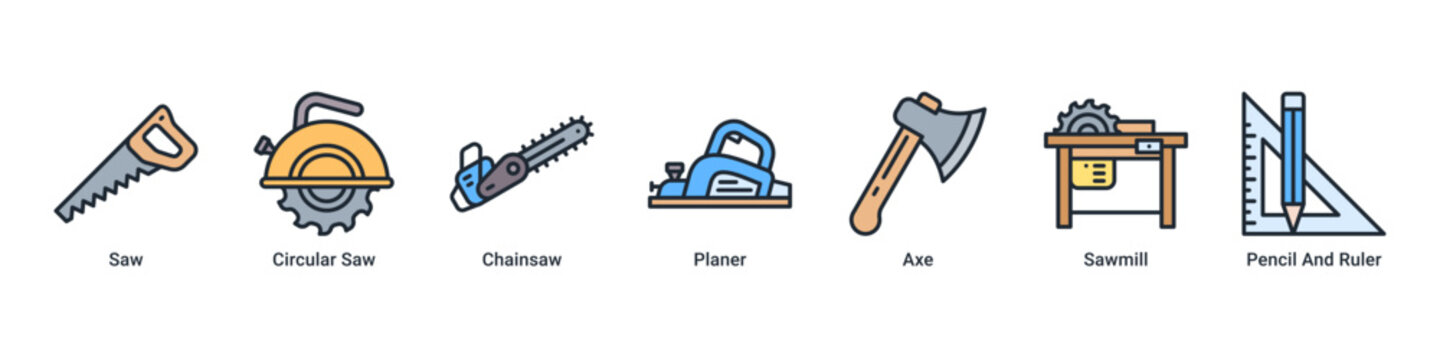 Wood Craft web banner icon vector illustration with Saw, Circular Saw, Chainsaw, Planer, Axe, Sawmill and Pencil And Ruler for woodworking projects