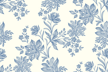 Obraz premium Vintage floral ethnic tapestry modern embroidery texture boho design vector illustration hand drawn silhouette indigo blue flower motif branches leaves wallpaper seamless background border