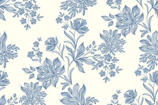 Vintage floral ethnic tapestry modern embroidery texture boho design vector illustration hand drawn silhouette indigo blue flower motif branches leaves wallpaper seamless background border