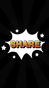 Share text word lettering popup comic cartoon reveal with bomb and smoke explosion manga anime book page dots radial speed lines doodle black background seamless loop vertical animation retro