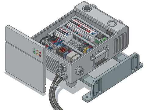 Detailed illustration showcases facility power conversion hardware assembly. Clean, modern design with visible components and wiring. Ideal for technical or industrial visuals.