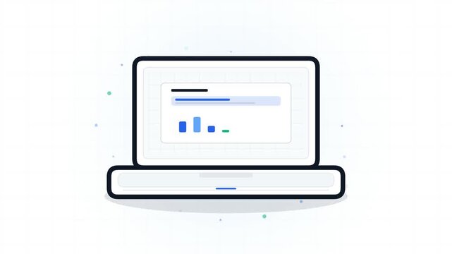 Laptop Animation with Data Processing and Progress Bar on White Background