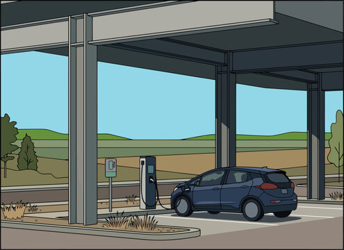 An electric vehicle charges at a transit corridor charging station. A blue car is parked under a modern canopy with a scenic rural backdrop. Clean, bright, and commercially viable.