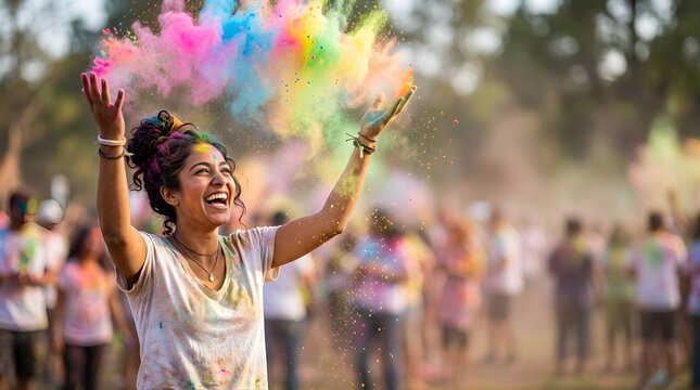 Happy woman throwing colorful powder at a Holi spring festival party