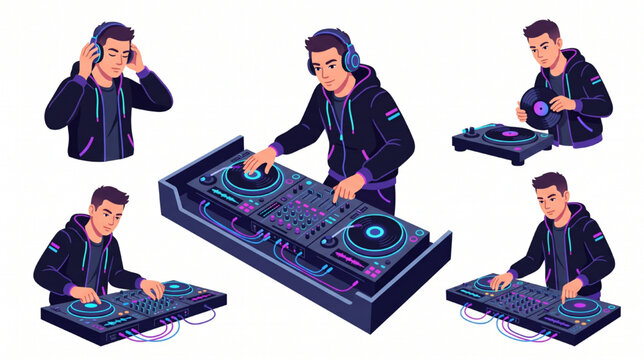 Nightclub Music Producer and DJ Character Set with Mixer Console and Turntables