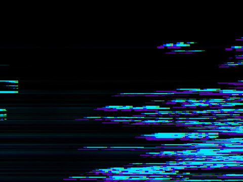 Cyan and purple pixel sorting glitch overlay with scanline artifacts and digital noise on black background. Anchors an edgy EDM rave poster with copy space for lineup text and music event design.