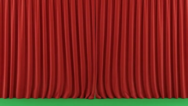 Red velvet curtains are pulled back to reveal a vibrant green screen background