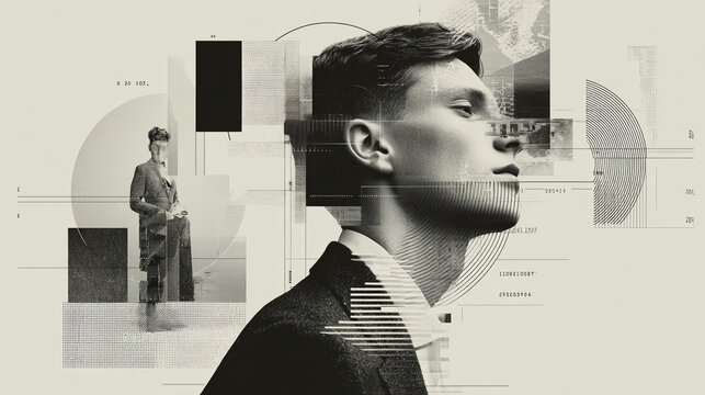 Man profile view, abstract collage background, nobody else