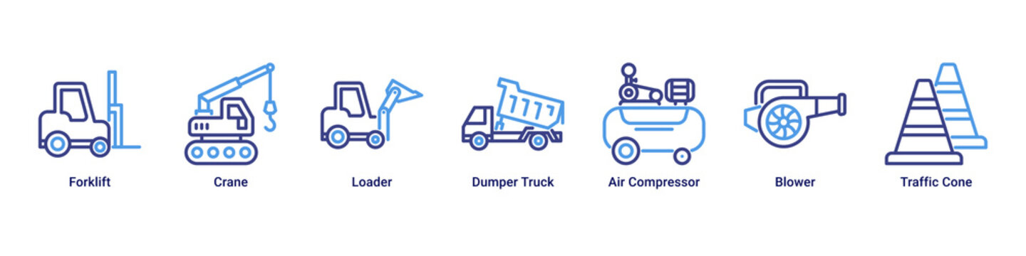 Heavy Lift web banner icon vector illustration with Forklift, Crane, Loader, Dumper Truck, Air Compressor, Blower and Traffic Cone