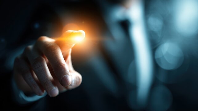 Businessman hand touching virtual screen with bright orange lens flare light effect on abstract dark bokeh background, concept of innovative futuristic digital technology interface manipulation.