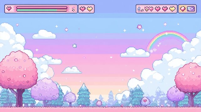 Cute pixel art background of a 2d side scroller game level with pink trees, rainbow, clouds, and interface elements, nostalgic pastel color landscape for arcade platformer gaming screen template.