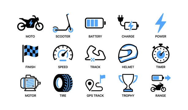 Grid of electric mobility and racing icons on white background