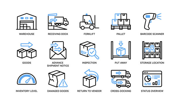 Grid of warehouse and logistics icons on white background