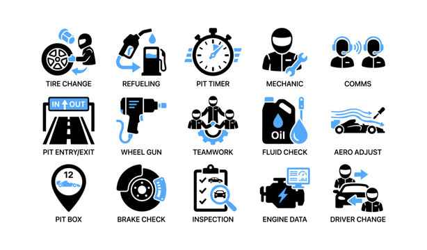 Pit crew icons showing race pit stop tasks and equipment on white