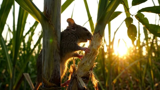 Rats Attacking Sugarcane Crop at Sunset Agricultural Pest Damage Nature Scene Close Up Wildlife Action