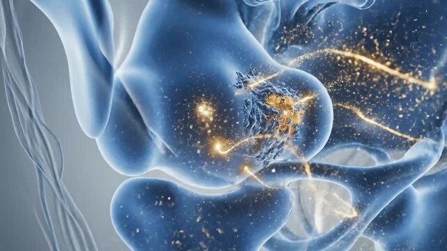 3D medical illustration of human hip bone anatomy with glowing golden particles representing targeted treatment, cellular inflammation, or bone cancer.