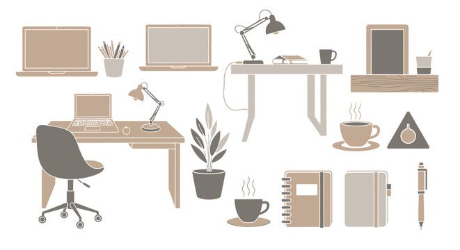 Home Office Setup Elements: Desk, Laptop, Chair, Lamp, Coffee, Plant