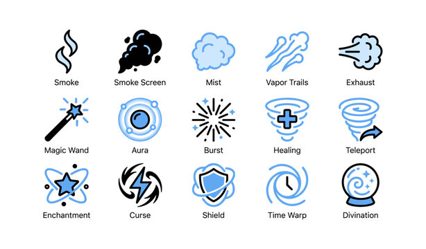 Magic and elemental icons arranged in grid on white background