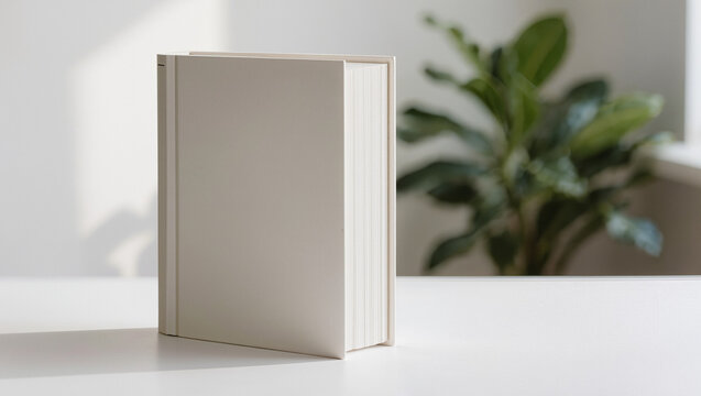 Blank Book Mockup on White Table with Plant Background