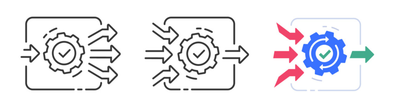 Simplification input workflow business processes gear cog icon vector modern graphic set line stroke outline, minimize output automation operation method, optimization dividing efficiency improve
