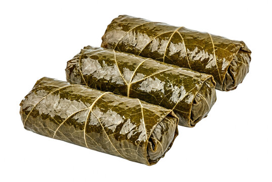 Trio of traditional stuffed grape leaves dolma or sarma isolated on a dark surface